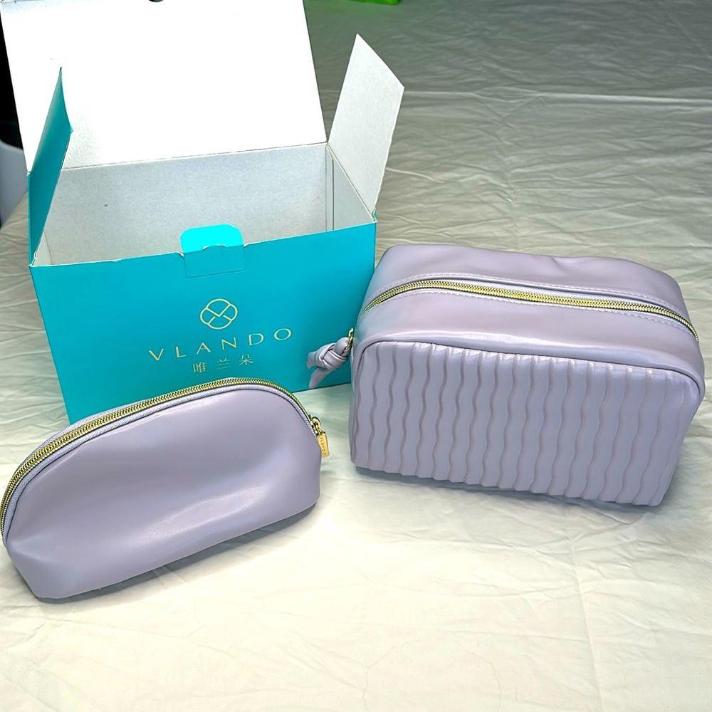 BRAND NEW IN BOX! Vlando Lavender set of two Cosmetic Bags with Gold Zipper.
